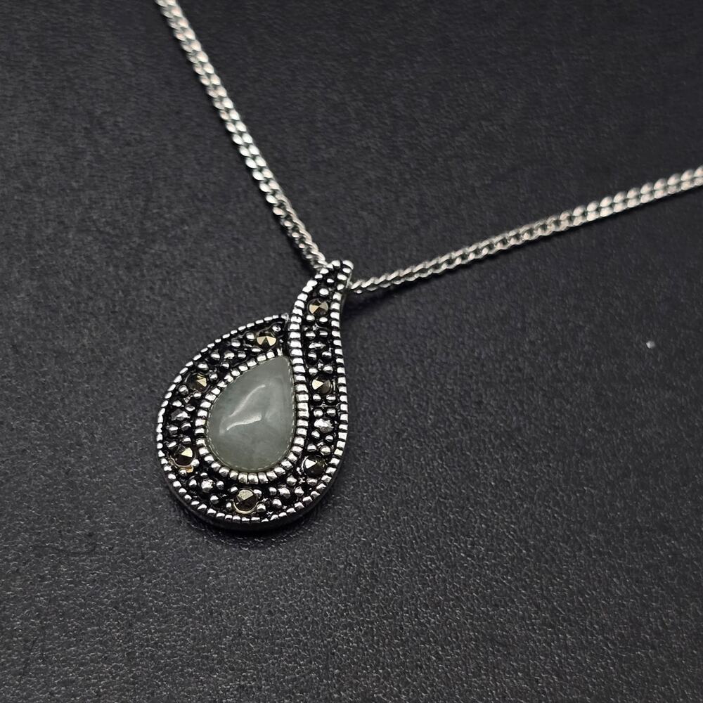 Sterling Silver Jade Macasite Pendant Necklace 925 NV Tear Drop
